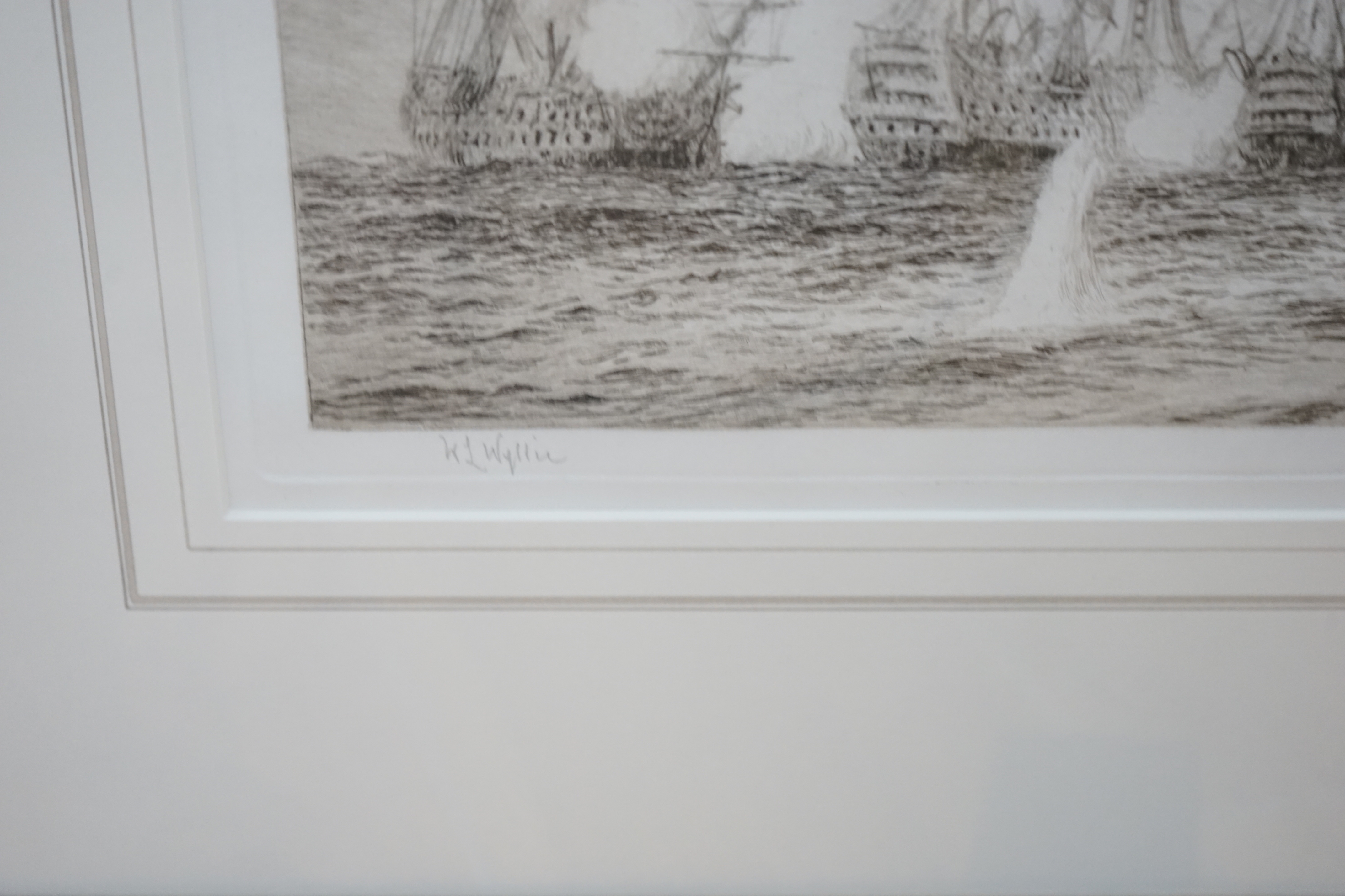William Lionel Wyllie RA (1851-1931), etching, Duelling Ships, Battle of Trafalgar, signed in pencil, 41cm x 21cm